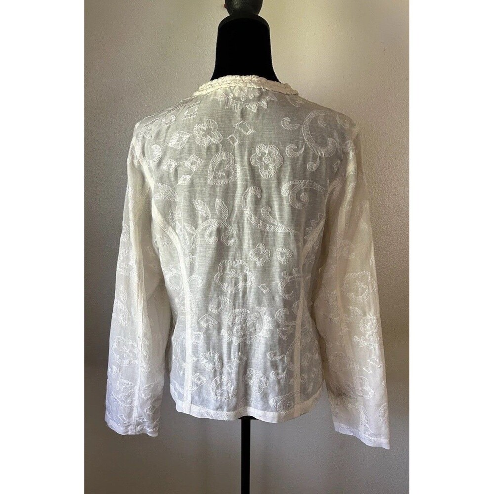 CHICOS Ivory Silk Linen Blend Open Front Jacket Embroidered Braided Lapel - Picture 4 of 13